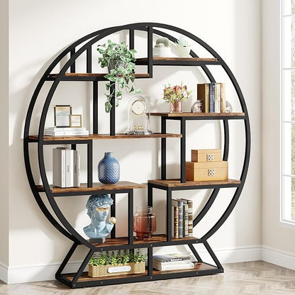 Tribesigns Bookshelf, Round Bookshelves Etagere Bookcase, 63 Inch Industrial Wood Book Shelf with Staggered Shelves, Rustic Open Shelving Organizer Rack Display Shelf for Home Office, Living Room