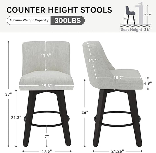 Counter Height Swivel Bar Stools Set of 6, 26 Inch Bar Stools with Footrest, Linen Fabric Upholstered Barstools with Back and Solid Wood Legs for Kitchen Island, Dining Room,Pub,White