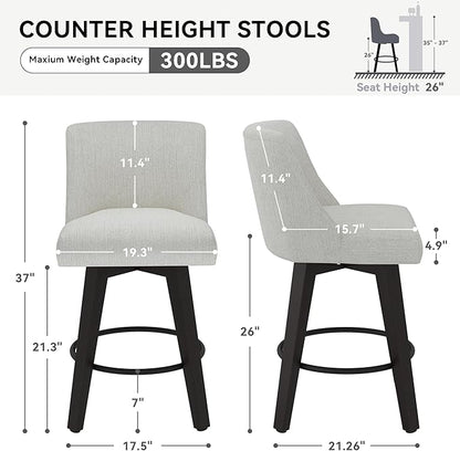 Counter Height Swivel Bar Stools Set of 4, 26 Inch Bar Stools with Footrest, Linen Fabric Upholstered Barstools with Back and Solid Wood Legs for Kitchen Island, Dining Room,Pub,White