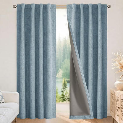 Joydeco 100% Blackout Curtains for Bedroom - Natural Linen Curtains 42" W x 96" L Long, Thermal Insulated 2 Panels Light Blocking Drapes, Rod Pocket & Back Tabs, Darkening Privacy for Living Room