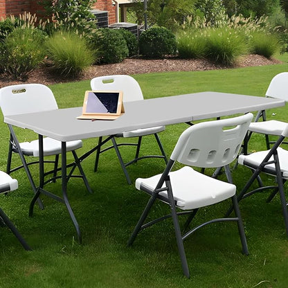 Athena Collection 8 ft Square Folding Dining Table, Large Plastic Foldable Table Portable with Carry Handle, Heavy Duty Fold-in-Half Utility for Indoor Outdoor Party Camping Picnic, Grey