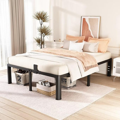 FUIOBYVV 16 Inch Queen Bed Frame with Rounded Corner and Headboard Hole Mattress Retainers 3500 LBS Metal Heavy Duty Steel Slats Support No Box Spring Needed Platform Noise Free Easy Assembly