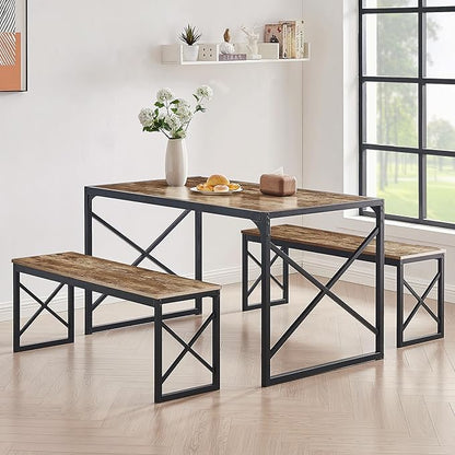 VECELO Kitchen Dining Table Set for 4 to 6, 55" Wood Dinette 2 Benches with Metal Frame for Dinner Breakfast Nook and Small Space, Brown