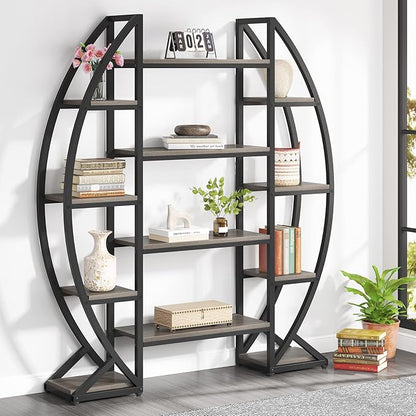 Tribesigns Oval Bookshelf, Triple Wide 5 Tier Etagere Bookcases, Industrial Display Shelves for Living Room (Gray, 55")