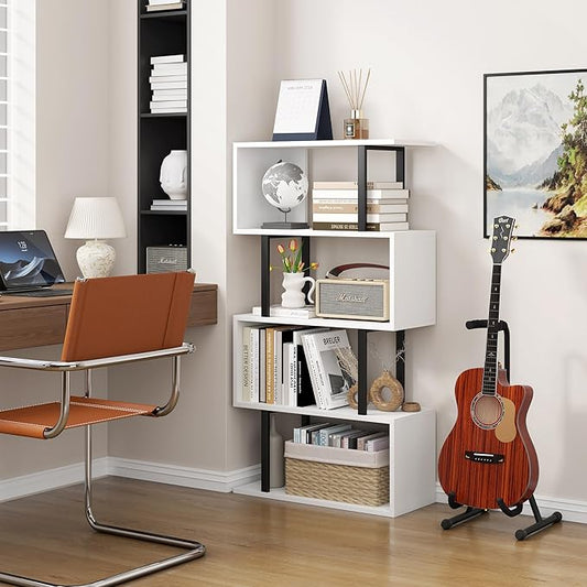 Yusong Geometric Bookcase, S Shaped Bookshelf 4-Tier Book Shelves for Bedroom, Modern Wood Decorative Display Shelf Tall Book Case for Home Office, Black and White