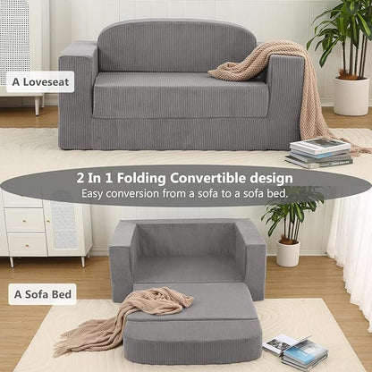 MeMoreCool Convertible Sofa Bed, Pull Out Loveseat Sleeper Sofa, Small Boneless Cloud Couch Bed for Adults, Fold Out Foam Love Seat Grey, Corduroy Folding Floor Couch for Bedroom