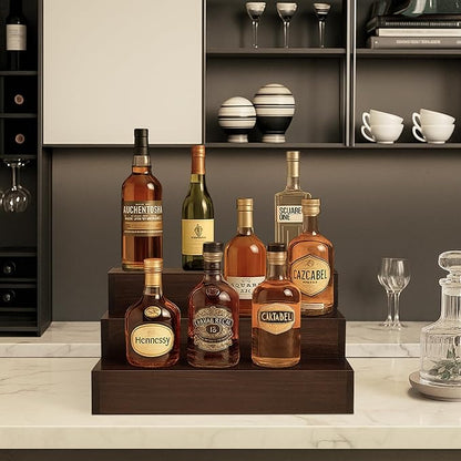 Royxen Wood Liquor Bottle Shelf 3 Tier Bar Shelf Freestanding Vintage Liquor Bar Stand for Home Bar Decor (Brown, 16 Inch Wide)
