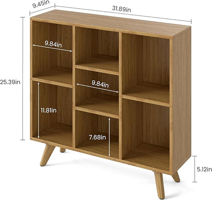 Manora Bookshelf with 7 Open Storage Cubes, Wooden Bookcase Organizer, Rustic Modern Display Shelf for Living Room, Bedroom, Office