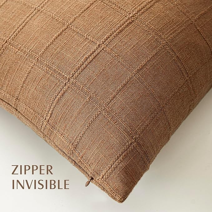 Foindtower Set of 2 Decorative Linen Check Throw Pillow Covers Neutral Farmhouse Lumbar Cushion Covers Modern Boho Home Decor for Sofa Chair Couch Bedroom Living Room Outdoor,12×20 Inch,Brick