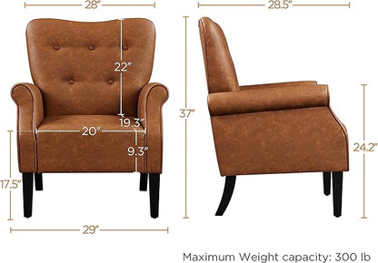 Yaheetech Modern Armchair, Mid Century PU Leather Accent Chair with Sturdy Wood Legs and High Back for Small Space, Upholstered Sofa Club Chair for Living Room/Bedroom/Office, Retro Brown