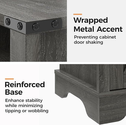 RoyalCraft Nightstand Set of 2, Grey End Table with Charging Station, Tall Farmhouse Bedside Table with Large Storage and Shelf, Wooden Side Table with for Bedroom, Home Office, Dark Grey