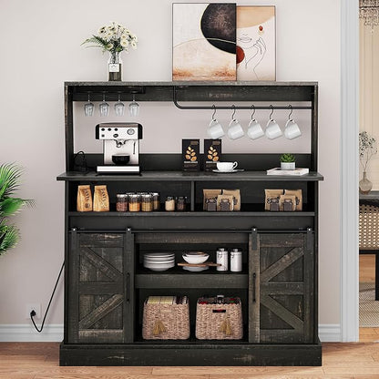YITAHOME Buffet Cabinets with Upper Rack, Farmhouse Coffee Bar Cabinet with Power Outlet & Goblet Holder, 47 Inch Sideboard Cabinets with Sliding Barn Door for Kitchen, Living Room (Dark Rustic Oak)