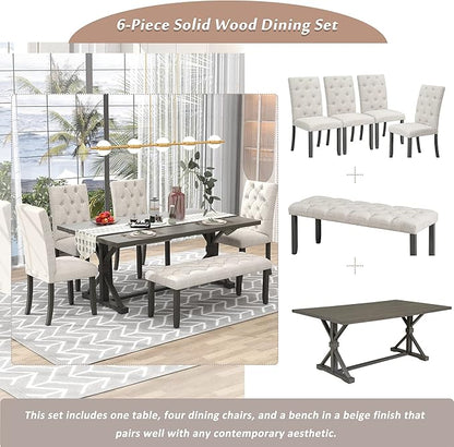 Ball & Cast 6 Piece Dining Table Set with 4 Upholstered Chairs and 1 Bench,Wooden Living Room Furniture for 6 W/ 72" Rectangle Desk,for Small Space,Apartment,Dining Room,Gray