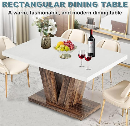 Dining Table for 4-6, 47" Farmhouse Dinner Table with with Wooden Tabletop and Heavy Duty Pedestal Wooden Rectangular Kitchen Tables for Dining Room, Kitchen, Living Room, White & Brown