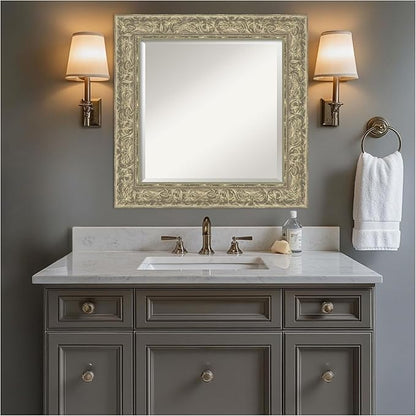 Amanti Art Silver Bathroom Mirror for Over Sink, 27x27 Luxe Antique Silver Square Vanity Mirror, Medium Traditional Frame, Hangs Horizonally and Vertically, Bathroom Wall Decor, Beveled Edge