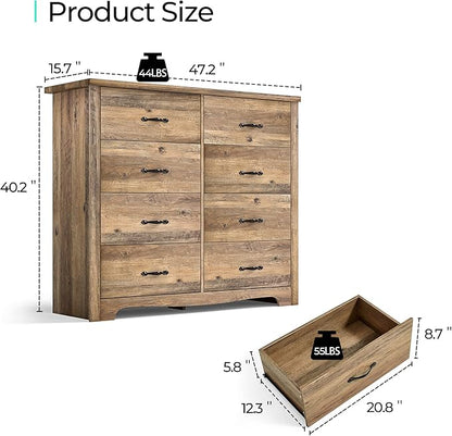 LINSY HOME 8-Drawer Dresser - Modern Bedroom Chest with Wide Drawers, Wood Storage Organizer for Bedroom or Living Room, Brown