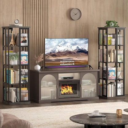 Aheaplus Rotating Bookshelf, 4-Tier Corner Bookshelf, 360 Display Wood Spinning Bookshelf, Floor Standing Bookcase Narrow Shelf Revolving Organizer Storage Rack for Small Space, Grey Oak