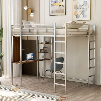 Full Size Metal Loft Bed with 2 Storage Shelves and 1 Desk,Steel Structure Bed Frame W/ 2 Build-in Ladders & Full-Length Guardrails,No Box Spring Needed,for Kids Teens Adults,Silver