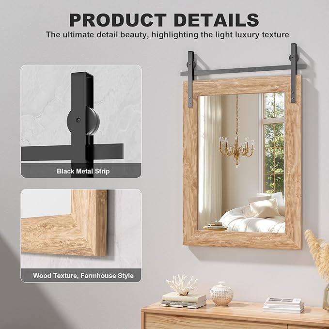 Hasipu Farmhouse Bathroom Mirror, 24"x36" Rustic Wood Framed Wall Mounted Mirror, Brown Vintage Vanity Mirror Barn Door Style Decrative Mirrors