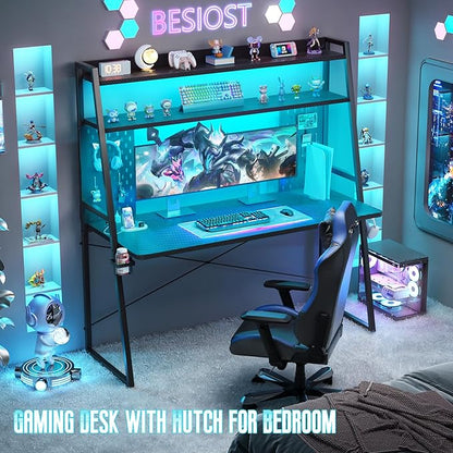 Gaming Desk with Hutch and LED Lights, Gaming Computer Desk with Power Outlets, Gamer Desk with Storage Shelves, PC Game Desks with Pegboards, for Bedroom, Carbon Fiber Black, 49"