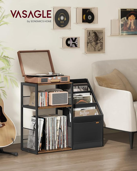 VASAGLE Record Player Stand, 3-Tier Side Table, Vinyl Record Storage up to 140 Albums, End Table for Living Room, Bedroom, Rustic Brown ULET276K01