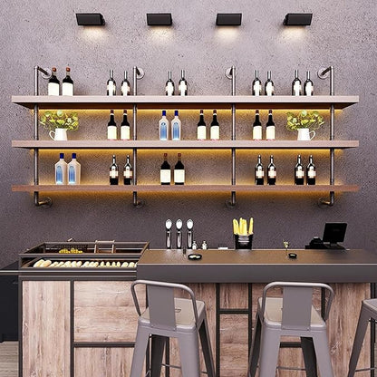 78.7in Large Wine Rack with LED Light Solid Wood Wall Mounted Wine Rack, 3-Tiers Liquor Bottles Floating Shelves Display Storage Organizer for Home Bar & Dining Room (200cm/78.7in)