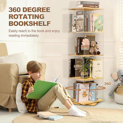 Rotating Bookshelf, 360 Degree Revolving Bookcase, 4-Tier Spinning Bookshelf, Clear Acrylic & Solid Wood Rotating Bookcase for Kid’s Playroom, Bedroom and Living Room, Square