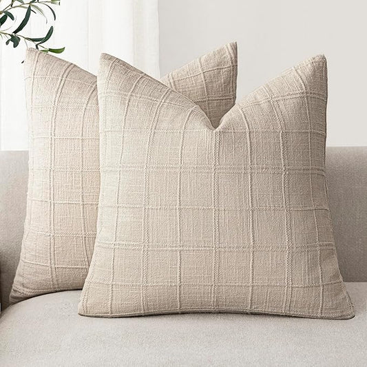 Foindtower Set of 2 Decorative Linen Check Throw Pillow Covers Neutral Farmhouse Vintage Cushion Covers Modern Boho Home Decor For Sofa Chair Couch Bedroom Living Room Outdoor,18×18 Inch,Natural Linen