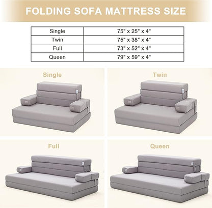 Sleep 4 Inch Foldable Mattress, Portable Floor Mattress Couch with Headrest, Washable Cover, Foldable Foam Couch Queen for Guest Bed, Folding Sofa Bed, Camping, Road Trip, Dark Grey