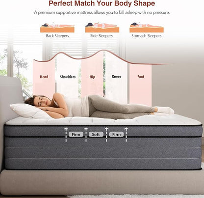 California King Mattress, 12 Inch Cal King Hybrid Mattress with Pressure Relief Gel Memory Foam & Motion Isolation Pocketed Springs, Firm Cali King Bed in a Box, CertiPUR-US