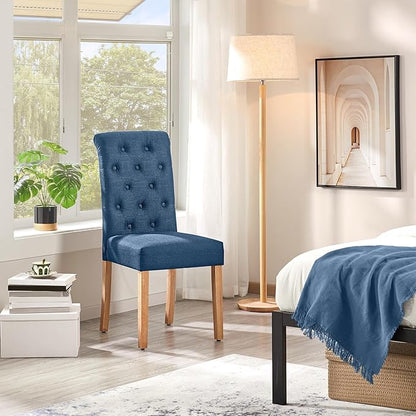 Yaheetech Dining Chairs Set of 2 Fabric Upholstered Dining Room Chairs with Button Tufted High Back and Solid Wood Legs for Kitchen/Living Room/Restaurant, Modern Style, Blue