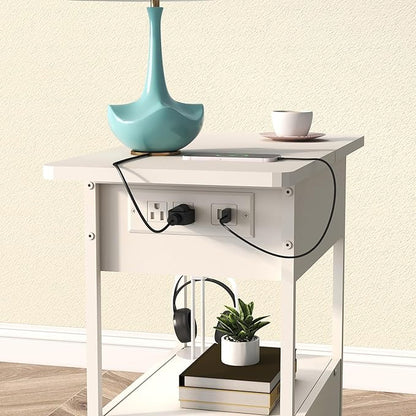 SOOWERY End Table with Charging Station, Narrow Side Table with Flip Top Cabinet and Fabric Drawer, Nightstand Bedside Tables for Small Spaces, Bedroom, Living Room, White