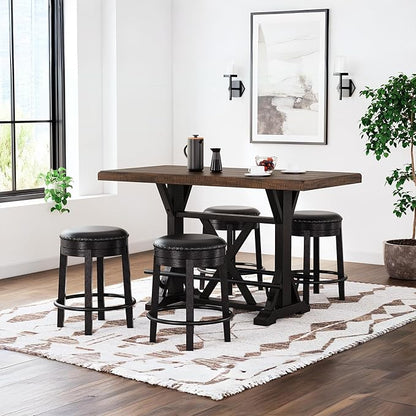 Signature Design by Ashley Valebeck Casual Round Faux Leather Upholstered Backless Counter Height Bar Stool with Footrest and Nailhead Trim, Black