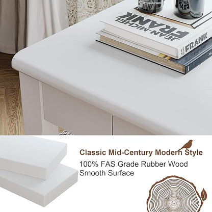 Solid Wood Desk with Drawers - 39 x 16 Inch Narrow Desks, Mid Century Modern Desks, Rubber Wood Study Table, Small Writing Desk for Small Spaces|Bedroom - White