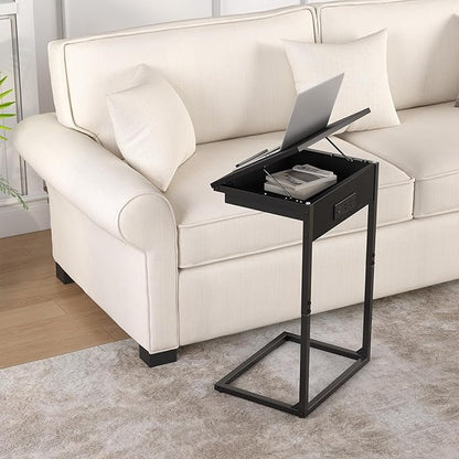 C Shaped End Table with Charging Station, 45° Tiltable Adjustable Flip Top Side Table with Storage,Small C Table for Small Spaces,Slide Under Couch Sofa Bedside Table for Living Room, Black