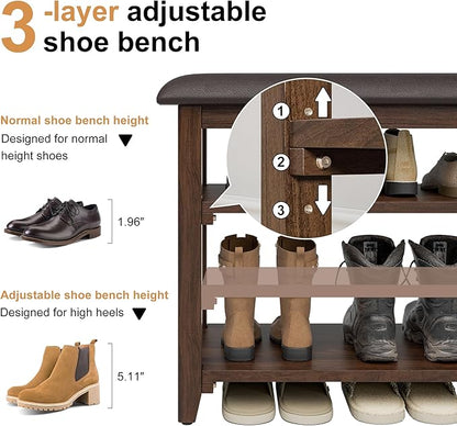 Shoe Bench Storage Rubberwood with Leather Cushion, Entryway Bench with 3-Tiers Height Adjustable, Shoe Rack Front Doors Entrances for Hallway Living Room,Mudrooms (Brown,39.4")