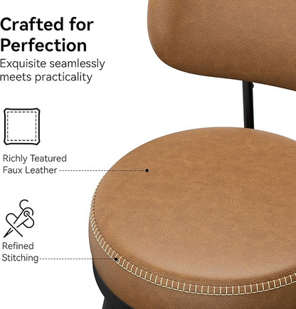 Counter Height Bar Stools, 26" H Swivel Barstools Set of 2, Faux Leather Kitchen Counter Stools with Back and Stylish Stitching, Metal Frame, Pub, Home Bar, Whisky Brown