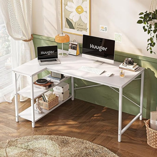 Huuger L-Shaped Desk - 47" Reversible Storage Corner Gaming Desk, Metal Frame, White