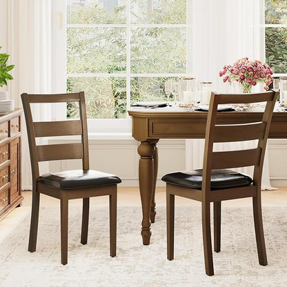 COLAMY Upholstered Dining Chairs Set of 2, PU Leather Ladder High Back Dining Room Kitchen Side Chair with Adjustable Foot Pegs, Dark Brown