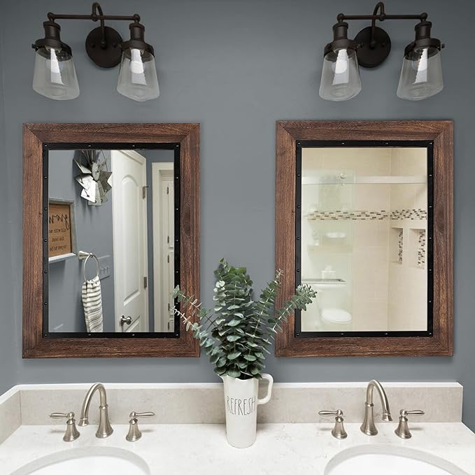 YOSHOOT Rustic Wooden Framed Wall Mirror, 26"x18", Natural Wood and Iron Bathroom Vanity Mirror for Farmhouse Decor, Vertical or Horizontal Hanging