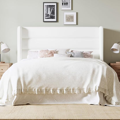 Allewie Full Size Platform Bed Frame with Velvet Upholstered Wingback Headboard, No Box Spring Needed, Under Bed Storage Space, Strong Wooden Slats, Modern Mattress Foundation, Easy Assembly, White