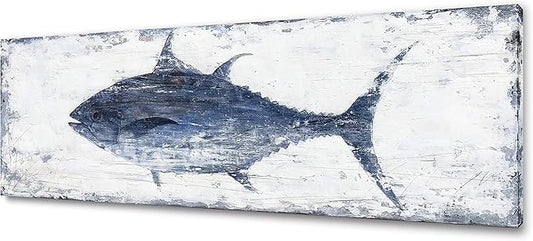 Yihui Arts Canvas Wall Art Hand Painted Abstract Tuna Fish Painting Modern Artwork Coastal Pictures in Blue and White Color for Bedroom Decoration