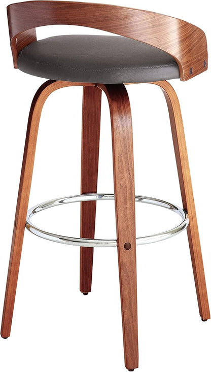 Armen Living Sonia 30" Bar Height Swivel Gray Faux Leather and Walnut Wood Bar Stool