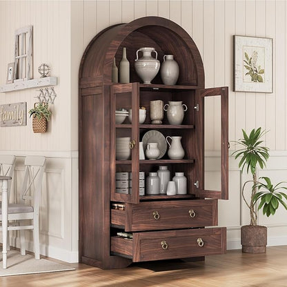 Kitchen Pantry Cabinet, Arched Bookshelf Bookcase China Pantry Storage Cabinet with Drawers Doors and Shelves,71“ Tall Food Pantry Funiture for Living Room,Dining Room (Brown)