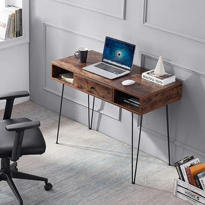VECELO 39.3" Home Office Work Table with Drawers Computer Desk Writing/Study, 39 Inch Hairpin Legs, Retro Brown