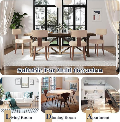 Farmhouse Chair Set of 4, Mid Century Modern Dining Chairs, Sherpa Upholstered Kitchen Chairs with Curved Backrest & Adjustable Legs for Living Room/Bedroom, Easy to Install, Beige Linen
