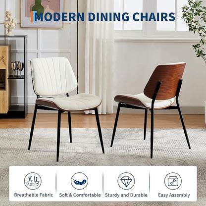 Dining Chairs Set of 2 - Mid Century Modern Upholstered Retro PU Leather Kitchen Chairs with Walnut Bentwood Back and Metal Legs for Dining Room and Kitchen, White Shell Strips
