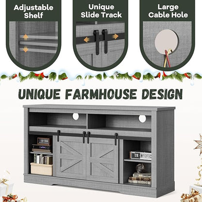 YESHOMY Fireplace TV Stand for Television up to 65+ Inch with Storage and Farmhouse Sliding Barn Doors, Entertainment Center with Cabinet and Shelves, Media Console for Living Room, Gray