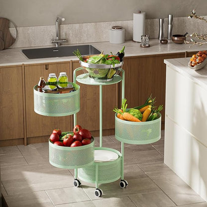 JAQ Kitchen Storage Rack No Assembly, 4-Tier Metal Storage Tower Basket Shelves Organizer on Rolling Wheels with Removal Drawers for Fruit Vegetable Grocery Corns Potato Onion (4-Tier, Green)