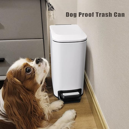 Cesun Small Bathroom Trash Can with Lid Soft Close, Step Pedal, 6 Liter / 1.6 Gallon Stainless Steel Slim Garbage Can for Bedroom, Diaper Waste Basket with Removable Inner Bucket (White)